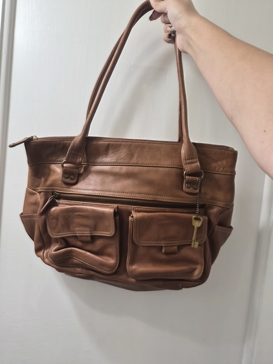 Fossil Handbags - Fossil Leather Tote Bag with Front Pockets - Brown